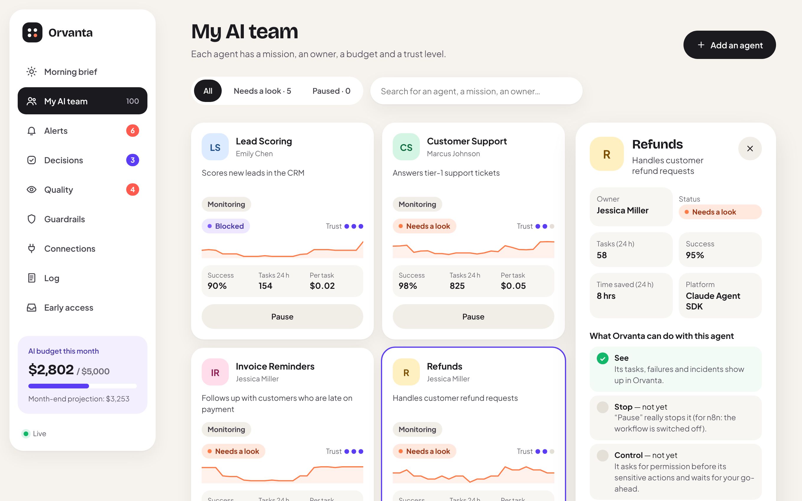 An agent's page in Orvanta: owner, status, tasks, success rate, and what Orvanta can do with this agent.